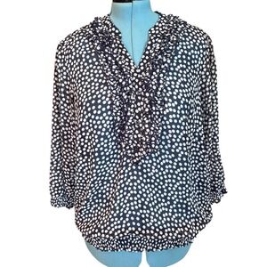 BFA Classics Navy Blue White Polka Dot Ruffle Blouse 18W Smocked Hem Top Vintage